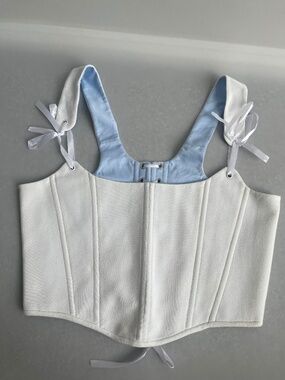 Handmade White Pique Corset Top L Lace Up Boned Bustier Cotton Lined